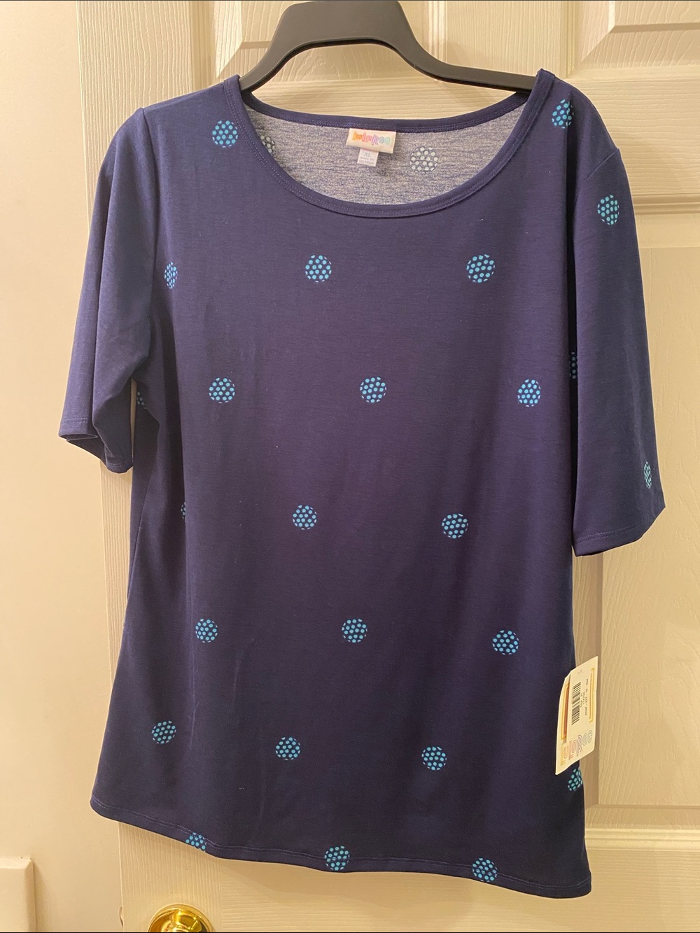 LuLaRoe Navy Short Sleeve Tee with Light Blue Polka Dots
